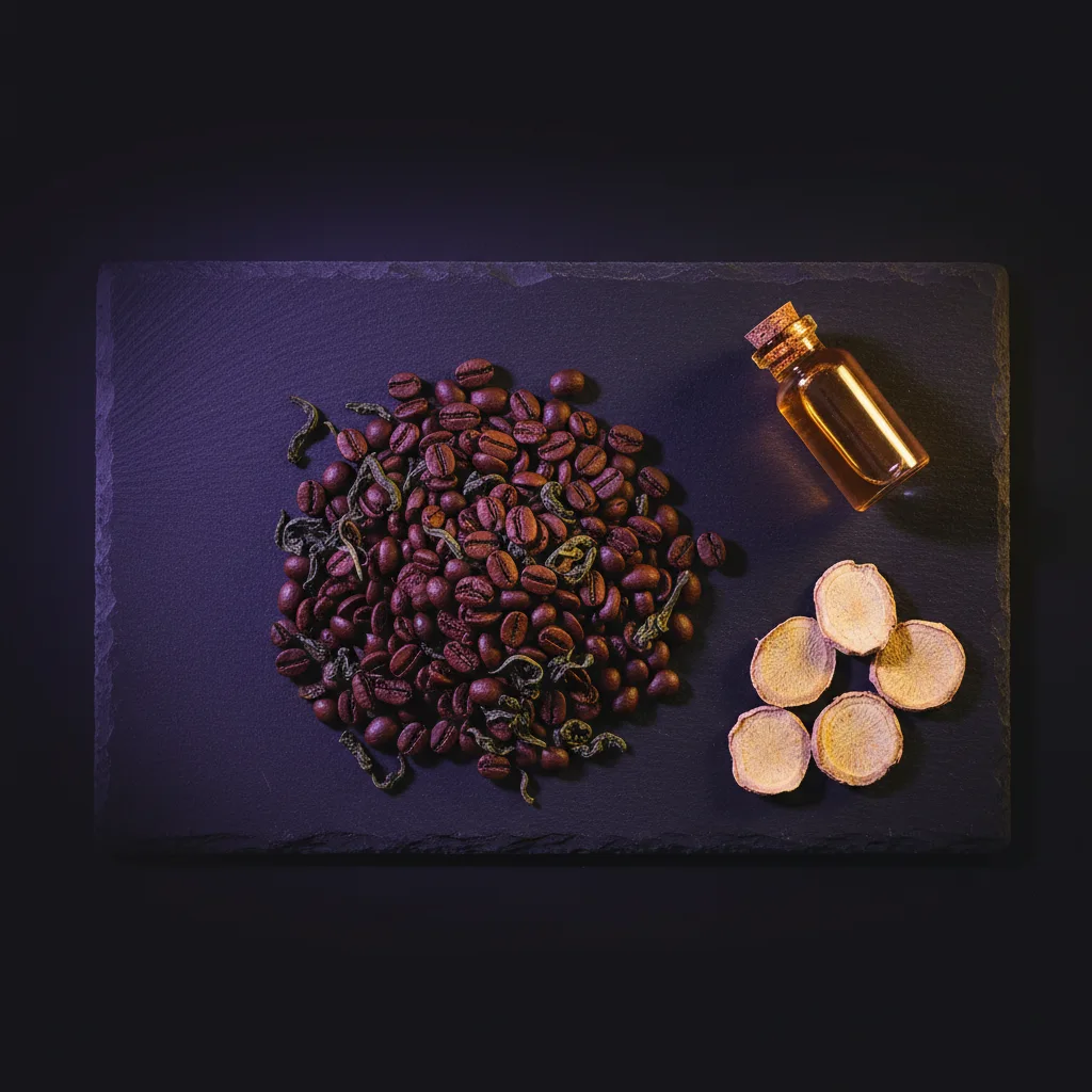 Flat-lay of green coffee beans, dried botanicals and plant extracts on a dark slate surface - ingredients in Slim Coffee Booster