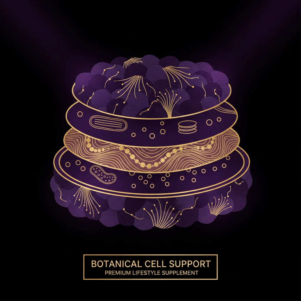 Botanical cross-section illustration showing layered plant-cell structure in purple and gold tones